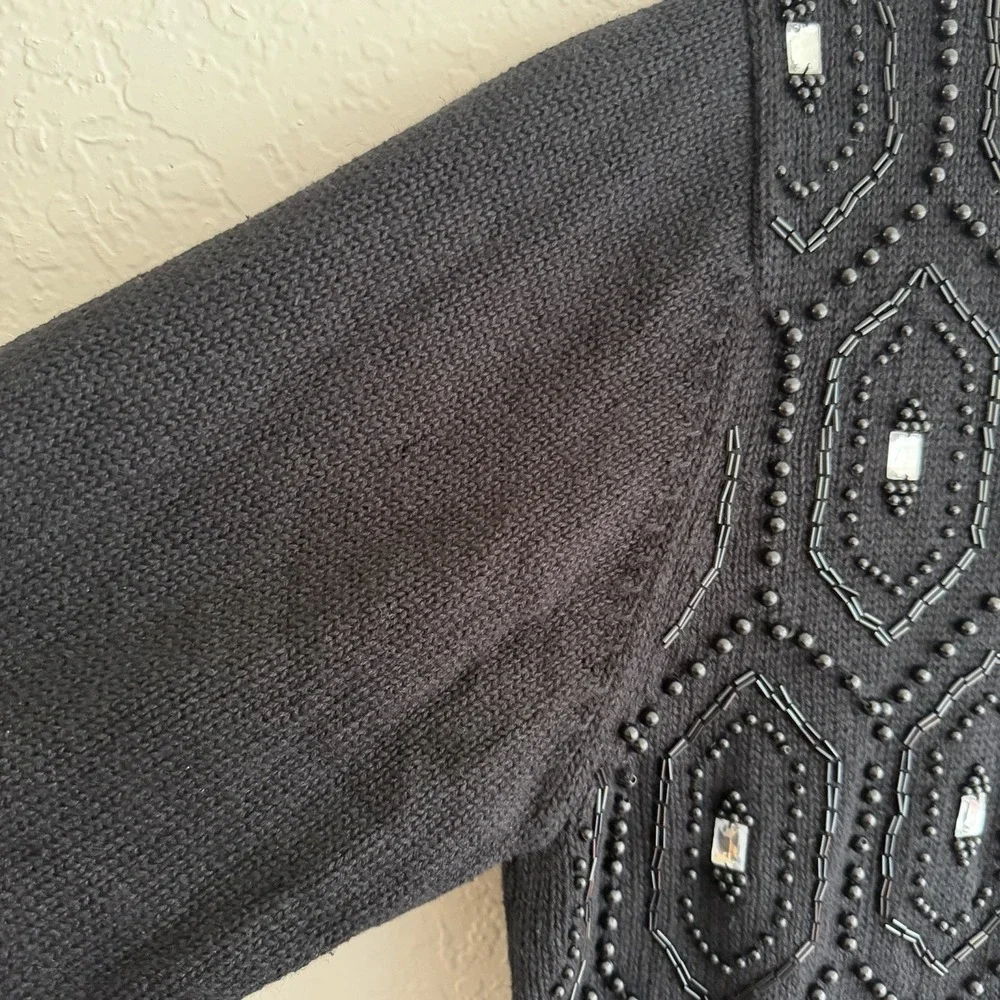 Vtg Womens Sweater XL Black Beaded Rhinestone Mock Neck Cotton Ramie Party 80s